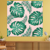 Tropisch roze en groene handpalmen zonder naadloos canvas afdruk (Insitu (Woonkamer))