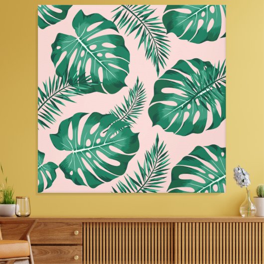 Tropisch roze en groene handpalmen zonder naadloos canvas afdruk (Insitu (Woonkamer))