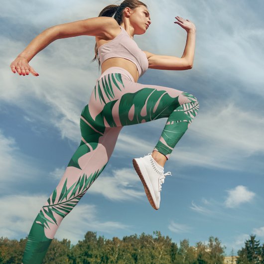 Tropisch roze en groene handpalmen zonder naadloos leggings