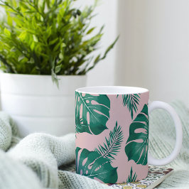Tropisch roze en groene handpalmen zonder naadloos tweekleurige koffiemok