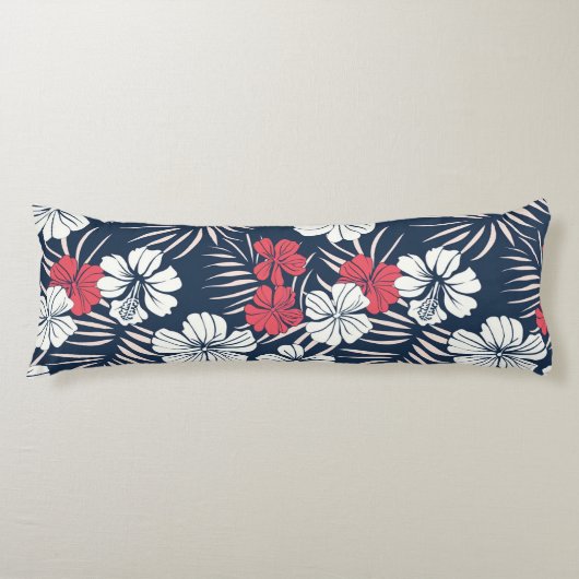 Tropisch roze en marineblauw bloemmotief lichaamskussen (Voorkant)