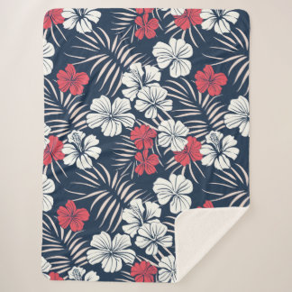 Tropisch Roze en Marineblauw Bloemmotief Sherpa Deken