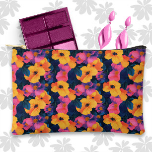 Tropisch roze en oranje bloemmotief op donkerblauw etui