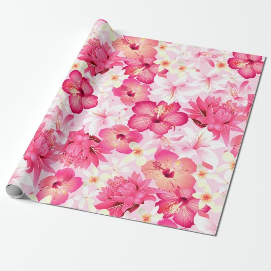 Tropisch roze en witte bloemen cadeaupapier (Uitgerold)