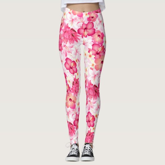 Tropisch roze en witte bloemen leggings (Voorkant)