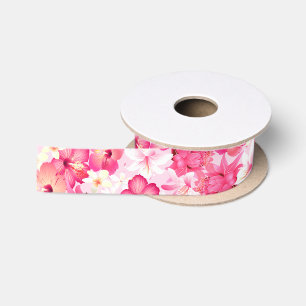 Tropisch roze en witte bloemen satijnen lint