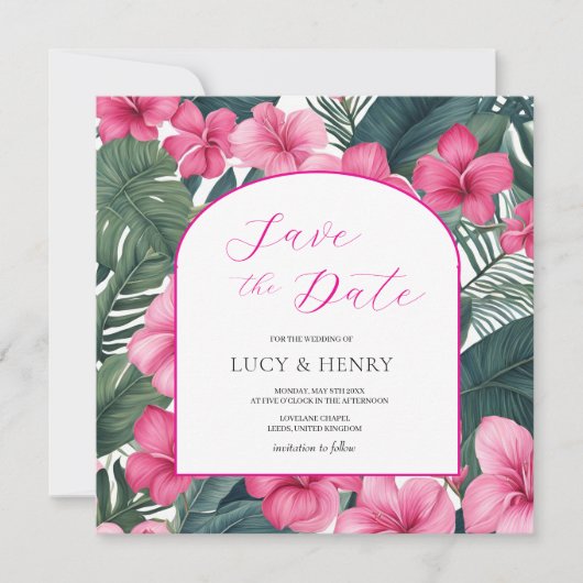 Tropisch Roze Feestelijke Bloemenweelde Save The Date (Voorkant)