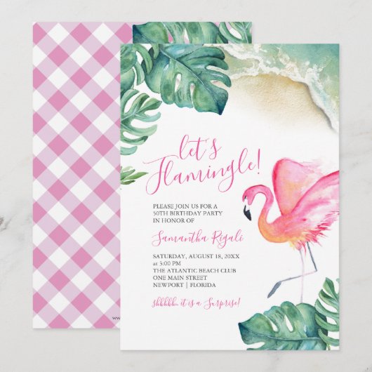 Tropisch roze flamingo 50th Birthday Party Kaart (Voorkant / Achterkant)