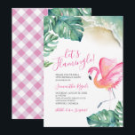 Tropisch roze flamingo 50th Birthday Party Kaart<br><div class="desc">Deze leuke 50th Birthday partijuitnodiging kenmerkt de woorden "Let's Flamingle"met de gast van eer naam die in een moderne handgeschreven manuscripttypografie met gebeurtenisdetails in een klassieke serif doopvont wordt geplaatst. Ontworpen met behulp van mijn oorspronkelijke waterverf roze flamingo, monstera palmbladeren en oceaankustlijn. De kaart keert terug naar een vlekkeloos roze...</div>