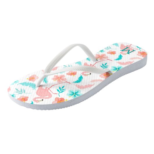 Tropisch roze flamingo Blauwgroen Monogram Teenslippers (Schuin)