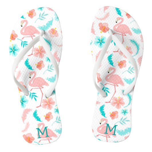 Tropisch roze flamingo Blauwgroen Monogram Teenslippers (Voetbed)