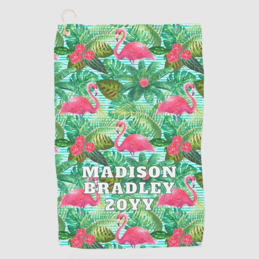 Tropisch Roze Flamingo Bloemen Girly Patroon Custo Golfhanddoek (Voorkant)