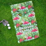 Tropisch Roze Flamingo Bloemen Girly Patroon Custo Golfhanddoek<br><div class="desc">Tropical Pink Flamingo Floral Girly Pattern Custom Golfhanddoek heeft een  patroon van roze flamingo's en groen gebladerte. Voeg uw persoonlijke naam of aangepaste tekst toe om te personaliseren voor golfdagen,  verjaardagsvieringen,  vrijgezellenweekenden en meer. Een geweldig cadeau voor golfers. Ontworpen door Evco Studio www.zazzle.com/store/evcostudio</div>