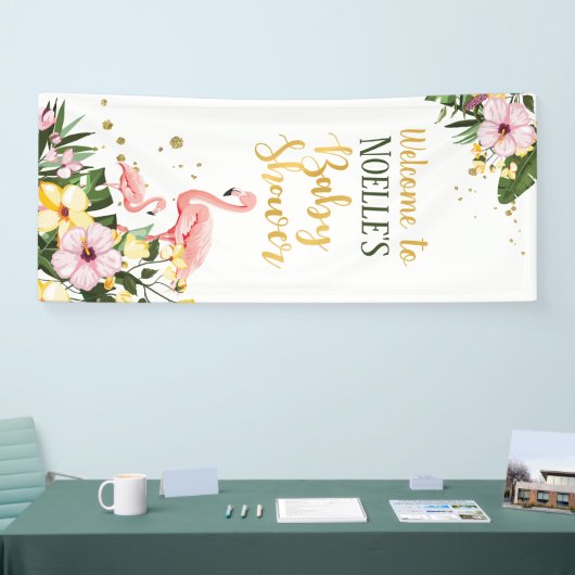 Tropisch Roze Flamingo Bloemen Goud Baby shower Spandoek (Beurs)