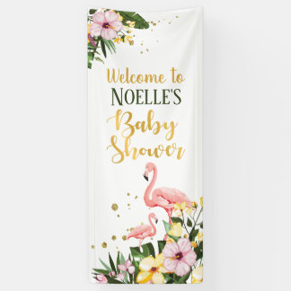 Tropisch Roze Flamingo Bloemen Goud Baby shower Spandoek