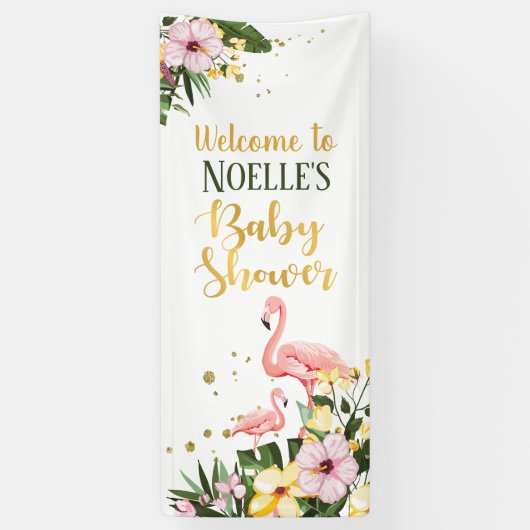 Tropisch Roze Flamingo Bloemen Goud Baby shower Spandoek (Verticaal)