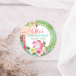 Tropisch Roze Flamingo Bloemen Verjaardagsfeest Ronde Sticker