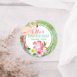 Tropisch Roze Flamingo Bloemen Verjaardagsfeest Ronde Sticker