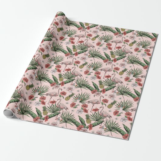 Tropisch roze flamingo bloemenpatroon cadeaupapier (Uitgerold)