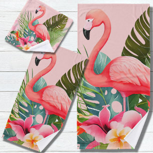 Tropisch roze flamingo bloemig bad handdoek