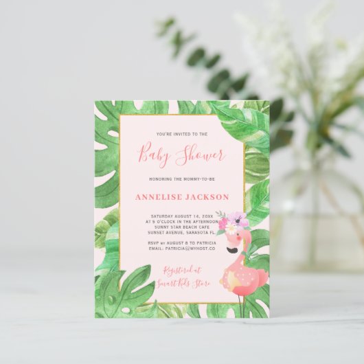 Tropisch roze flamingo budget baby shower (Staand voorkant)