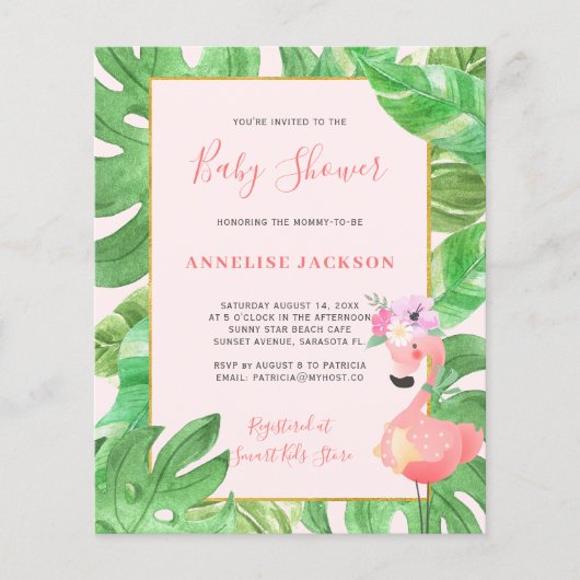 Tropisch roze flamingo budget baby shower (Voorkant)