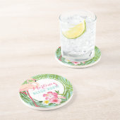 Tropisch Roze Flamingo Custom Monogram Beach House Zandsteen Onderzetter (Zijkant)