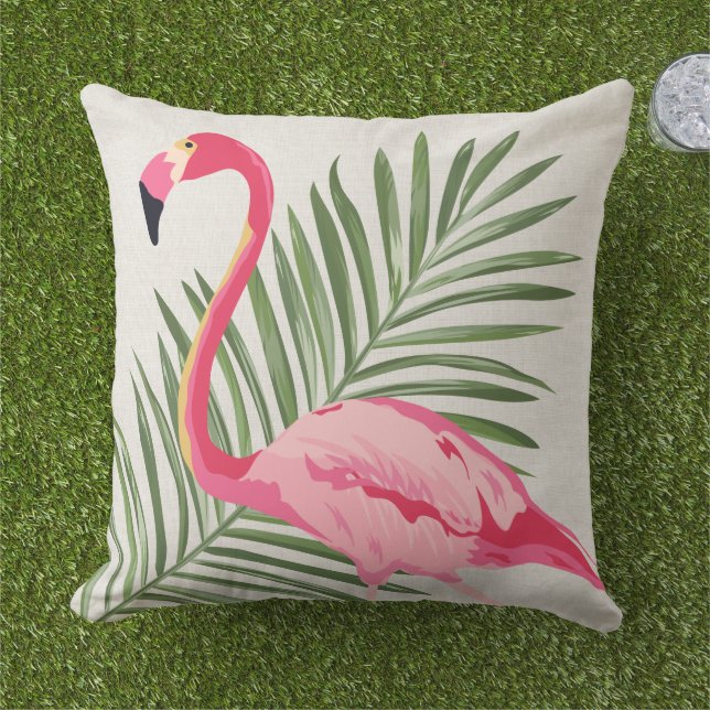 Tropisch roze flamingo en palmbladeren buitenkussen (Gras)