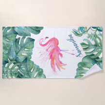 Tropisch roze flamingo en palmbladeren