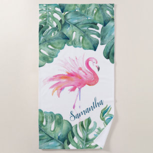 Tropisch roze flamingo en palmbladeren strandlaken