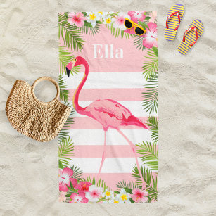 Tropisch Roze Flamingo Floral Aangepast monogram Strandlaken