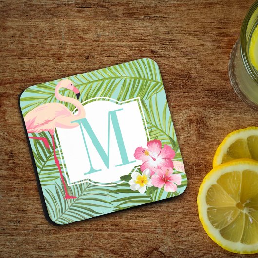 Tropisch Roze Flamingo Floral Monogram Initiaal Bier Onderzetter