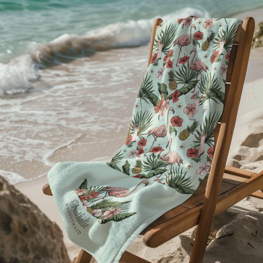 Tropisch Roze Flamingo Floral Patroon Turquoise Strandlaken