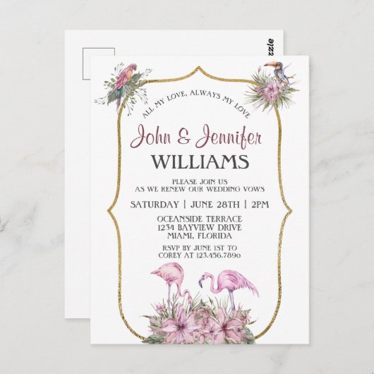 Tropisch roze flamingo Gold Wedding Vow Renewal Briefkaart (Voorkant / Achterkant)