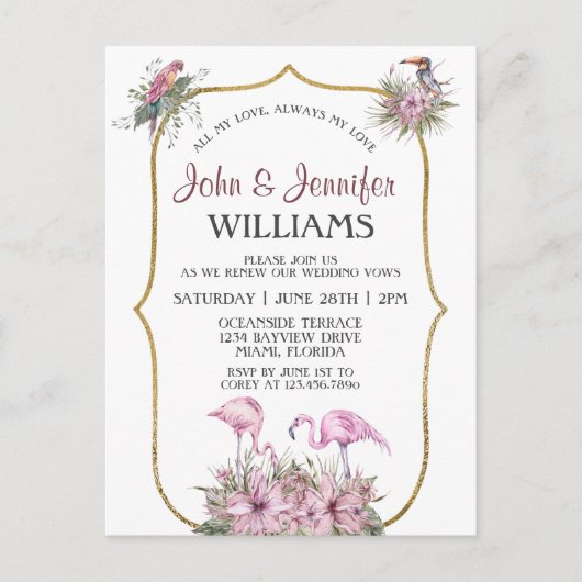 Tropisch roze flamingo Gold Wedding Vow Renewal Briefkaart (Voorkant)