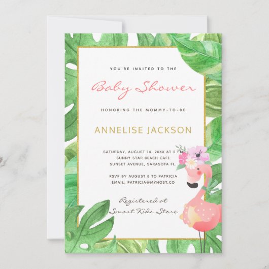 Tropisch roze flamingo groen blad baby shower kaart (Voorkant)