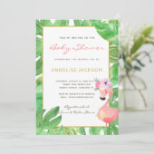 Tropisch roze flamingo groen blad baby shower kaart (Staand voorkant)