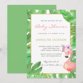 Tropisch roze flamingo groen blad baby shower kaart (Voorkant / Achterkant)