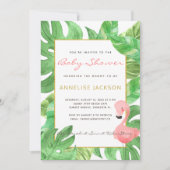 Tropisch roze flamingo groen blad baby shower kaart (Voorkant)