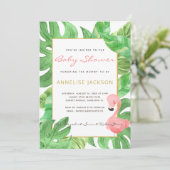 Tropisch roze flamingo groen blad baby shower kaart (Staand voorkant)