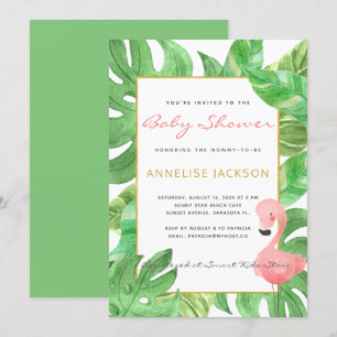 Tropisch roze flamingo groen blad baby shower kaart