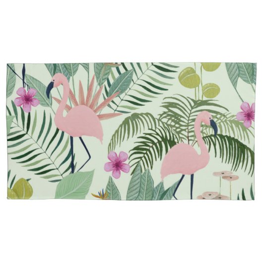 Tropisch roze flamingo groen blad uniek kussensloop (Voorkant-Links)