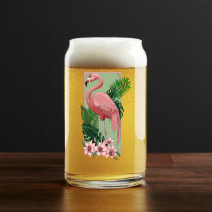 Tropisch Roze Flamingo Groene Palm Bladeren Lelie Blikvorm Glas