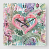 Tropisch roze flamingo hart Abstract gelaagde kuns Vierkante Klok (Voorkant)