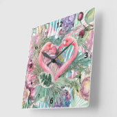 Tropisch roze flamingo hart Abstract gelaagde kuns Vierkante Klok (Hoek)