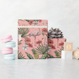 Tropisch Roze Flamingo Koraal Bloempatroon Cadeaupapier