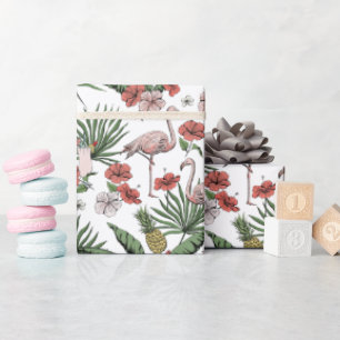 Tropisch Roze Flamingo Koraal Bloempatroon Cadeaupapier