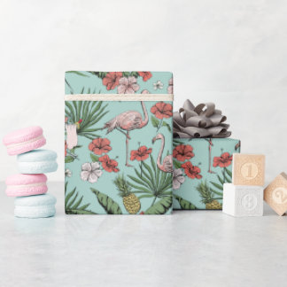 Tropisch Roze Flamingo Koraal Bloempatroon Cadeaupapier
