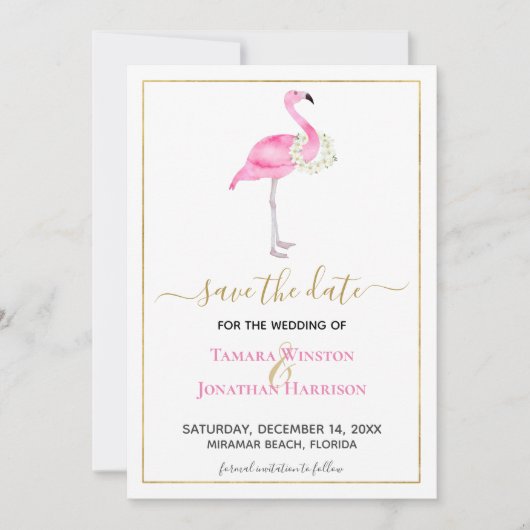 Tropisch roze flamingo Magnolias Beach Weddenschap Save The Date (Voorkant)