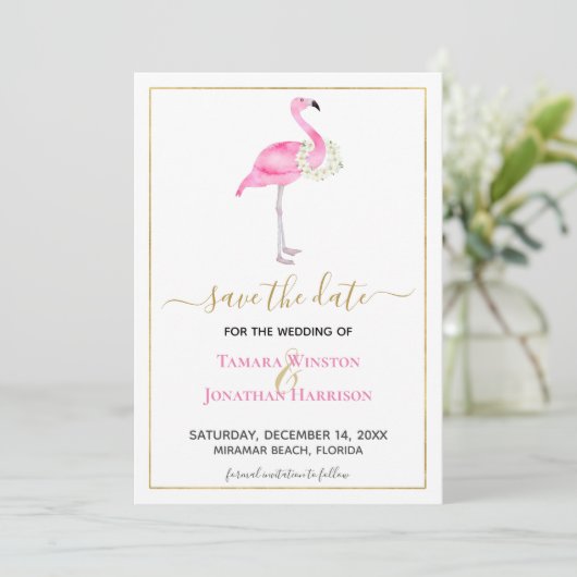 Tropisch roze flamingo Magnolias Beach Weddenschap Save The Date (Staand voorkant)